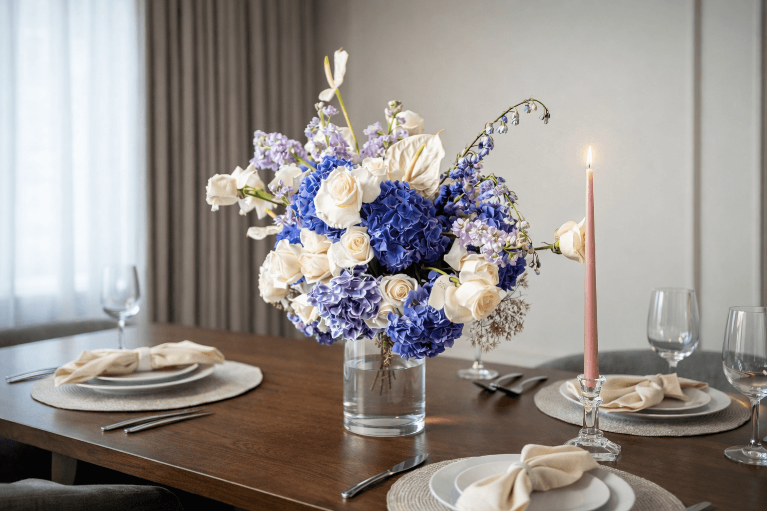 Elegant blue and purple hydrangea floral centerpiece - Floward collection.png