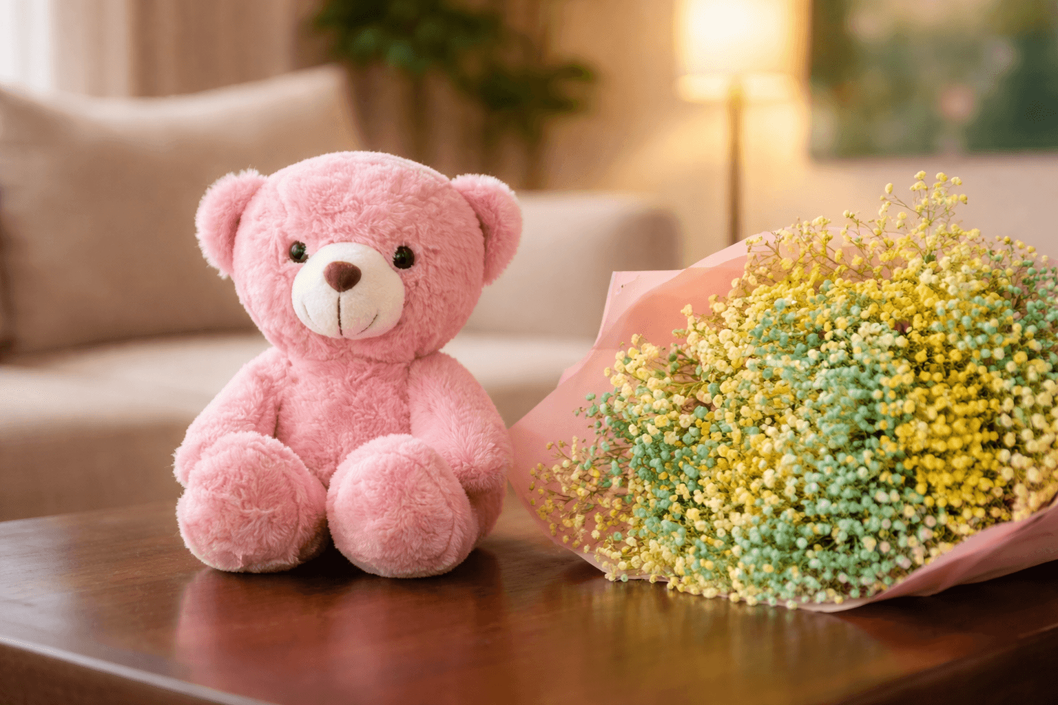 Pink teddy bear toy with flowers.png