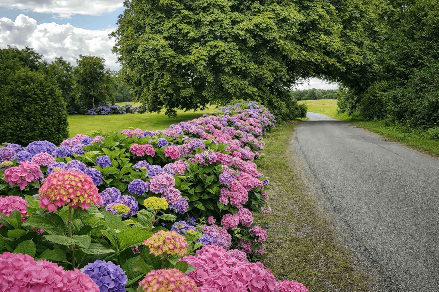Vibrant hydrangea blooms in a lush garden.png