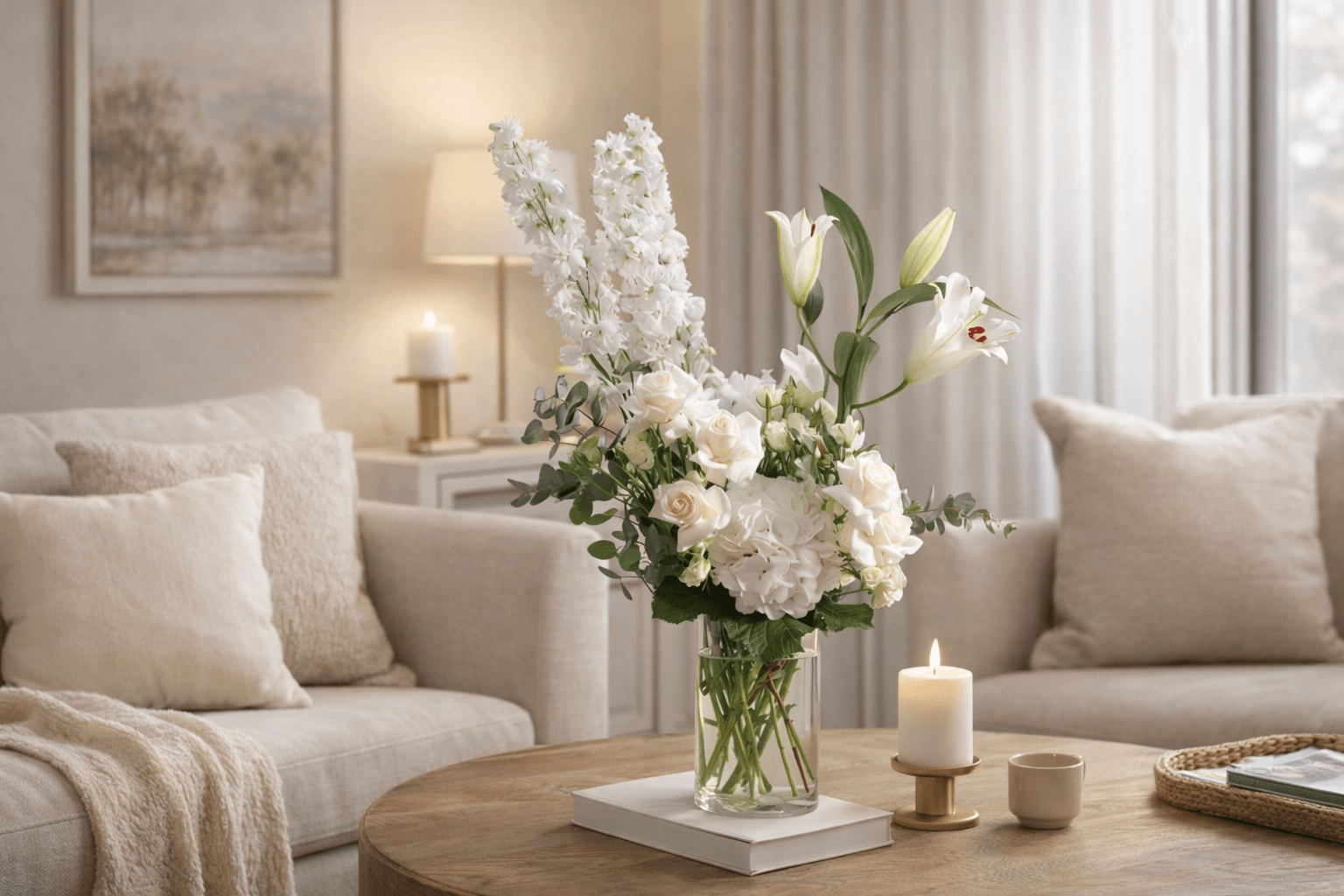 White Delphinium and tulips floral arrangement by Floward.png